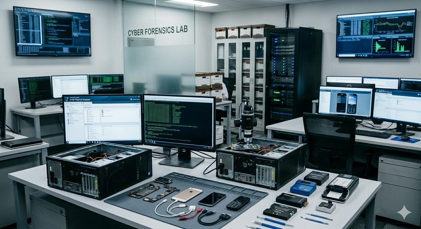 CyberSocial digital forensics lab — workstations, evidence bench, and server rack